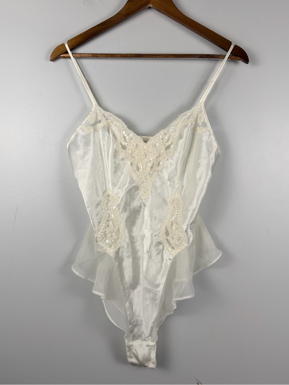 Vintage 97 Victoria's Secret Satin Lace Teddy Bodysuit S Ivory Ruffle Lingerie